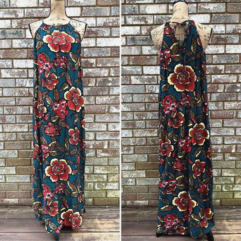 Loft Maxi Dress Womens Size SP Linen‎ Blend Halter Paradise Tropical Bold Floral